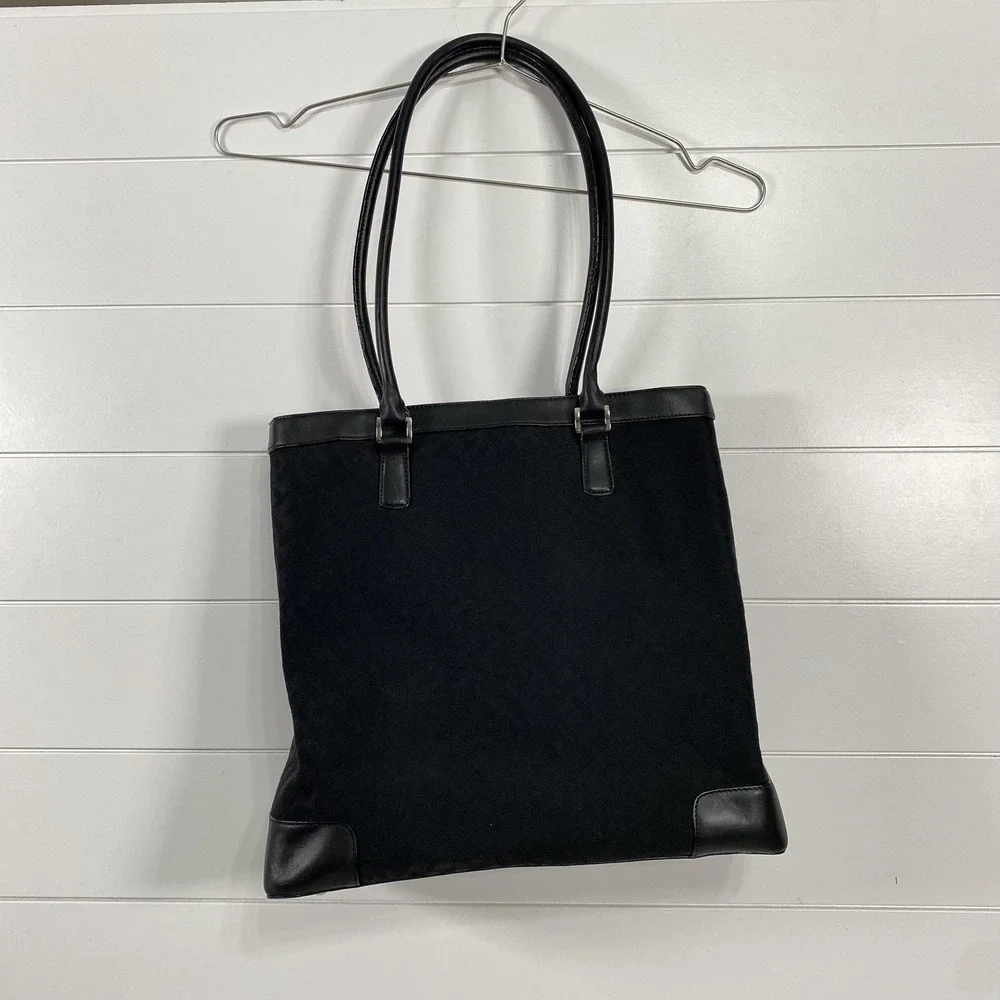 Talbots Tote Bag Womens Black Shoulder Bag Leather Trim Logo Monogram Handbag